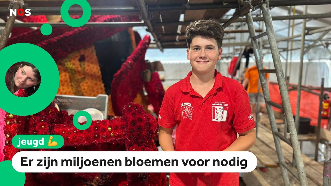 Ole bouwt mee aan een praalwagen op het bloemencorso