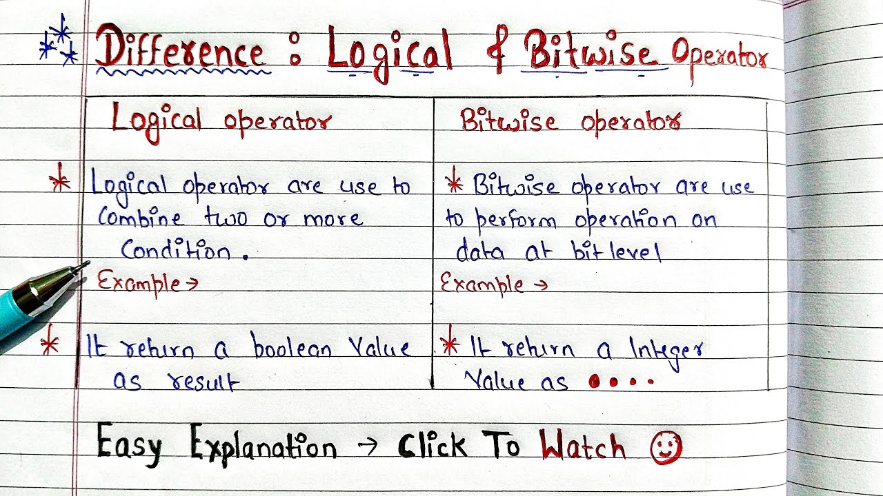 Difference between Logical and Bitwise Operators in C programming | Handwritten notes | B TECH | BCA