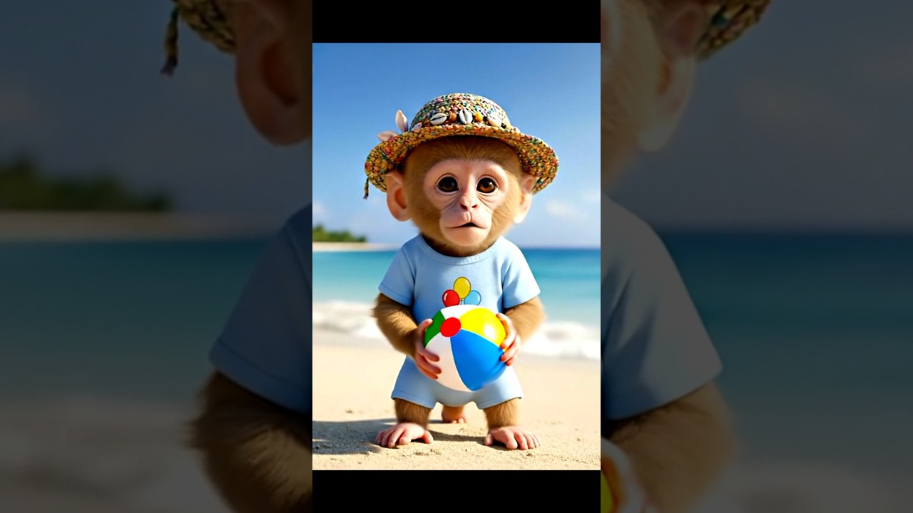 adorable monkey playing with ball on beach his reaction is cutest ever #monkeysr #cutemonkey
