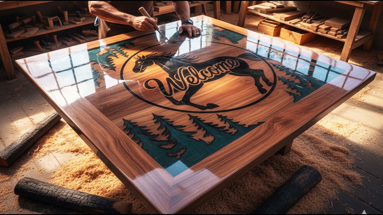 Epoxy Tables Have Reached A New Level. Epoxy Horse And Mountain Table; Colorful Wood And Epoxy Art!