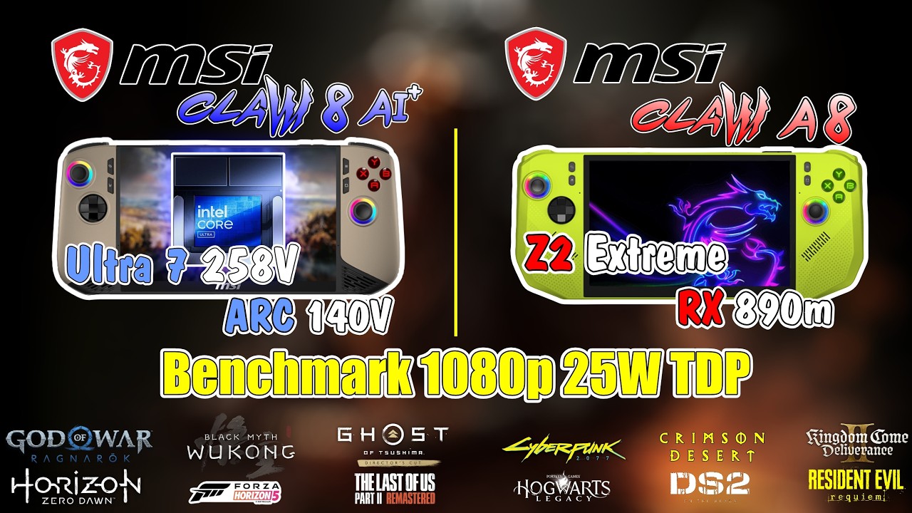 MSI Claw A8 vs MSI Claw 8 AI 12 Game Benchmark 1080p Medium 25W TDP