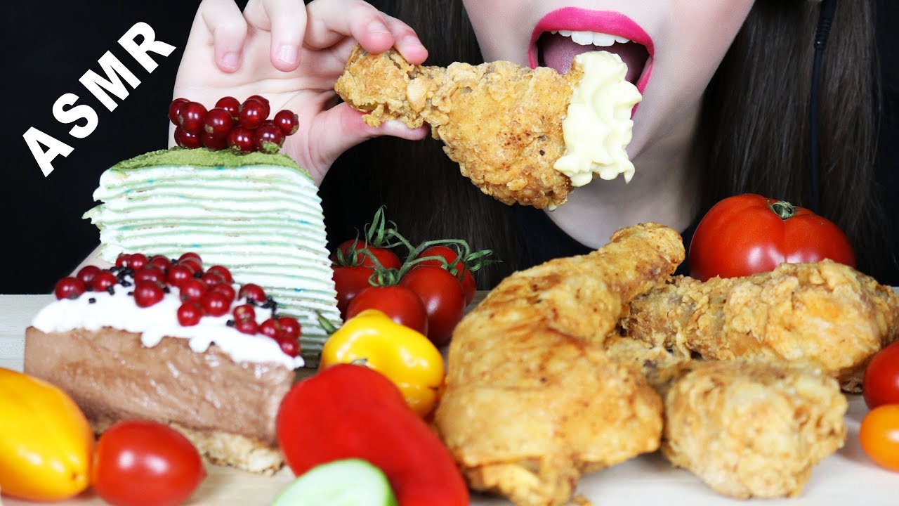 ASMR KFC FRIED CHICKEN COPYCAT, NUTELLA CHEESECAKE & GREEN TEA CREPE CAKE (EATING SOUNDS)