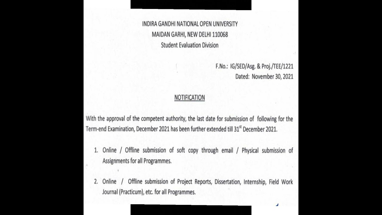 IGNOU - TEE DEC - 2021, PROJECT SUBMISSION DATE EXTENDED