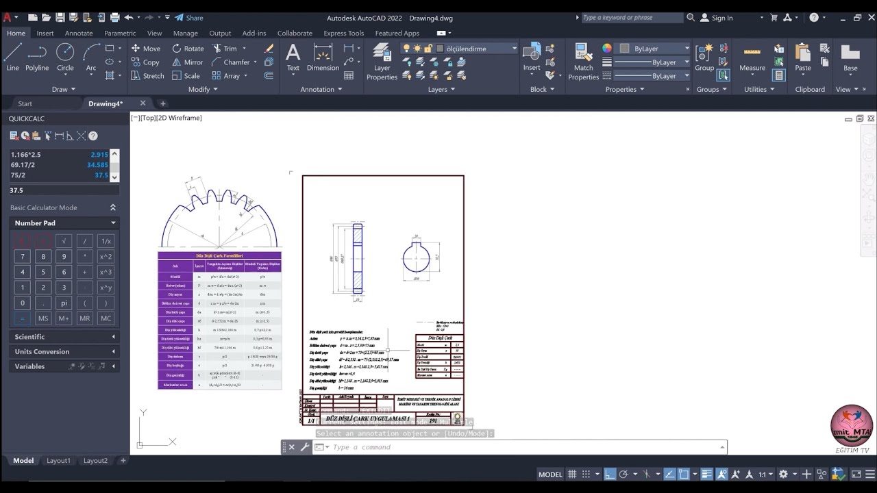 DÜZ DİŞLİ ÇARK ÖRNEK TEKNİK RESİM (Spur Gear Wheel Sample Technical Drawing)