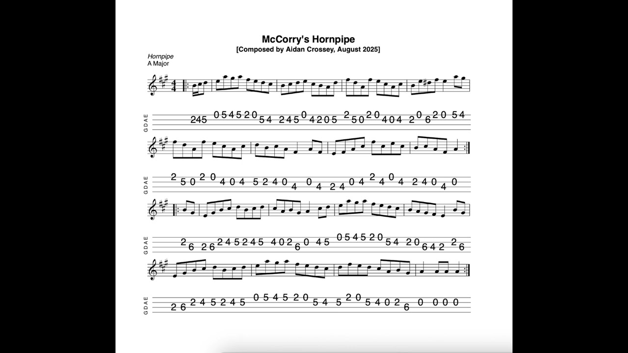 McCorry's Hornpipe - in A Major; composed, tabbed for mandolin and played by Aidan Crossey