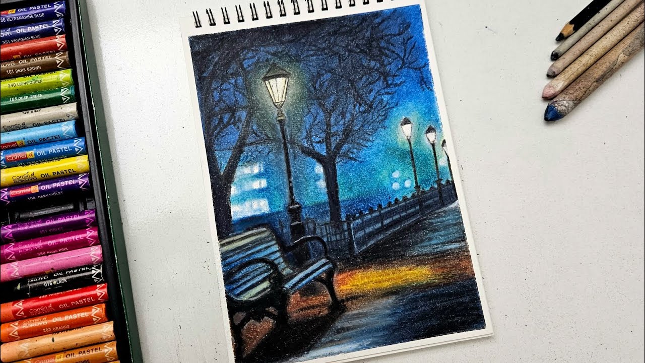 Oil Pastel Drawing - Night Street Scenery with Street lights | Realistic drawing | Step by step