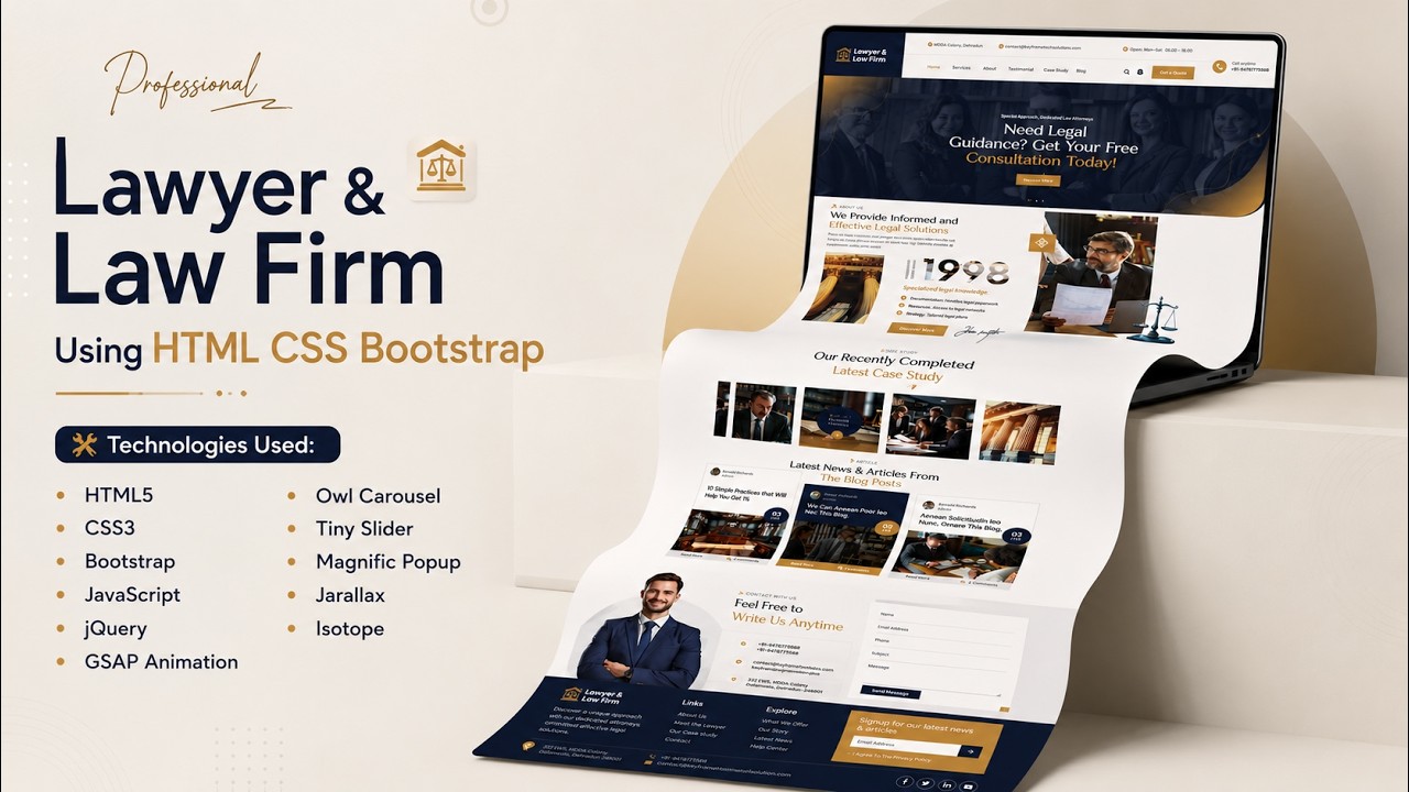Modern Law Firm Website Design Using HTML CSS Bootstrap | Professional Attorney Website UI