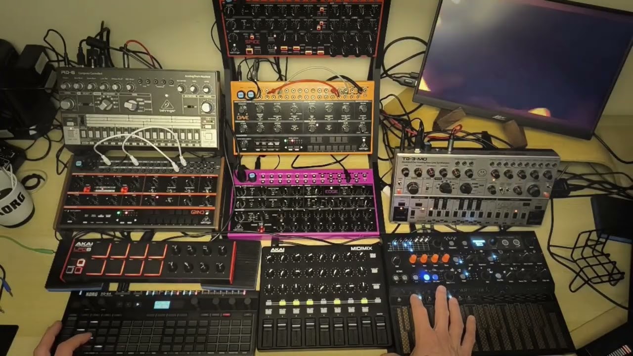 Behringer.edge,crave,grind,spice,rd6,td-3-mo,arturia microfreak,akai midimix,lpd8 and korg sq64 jam