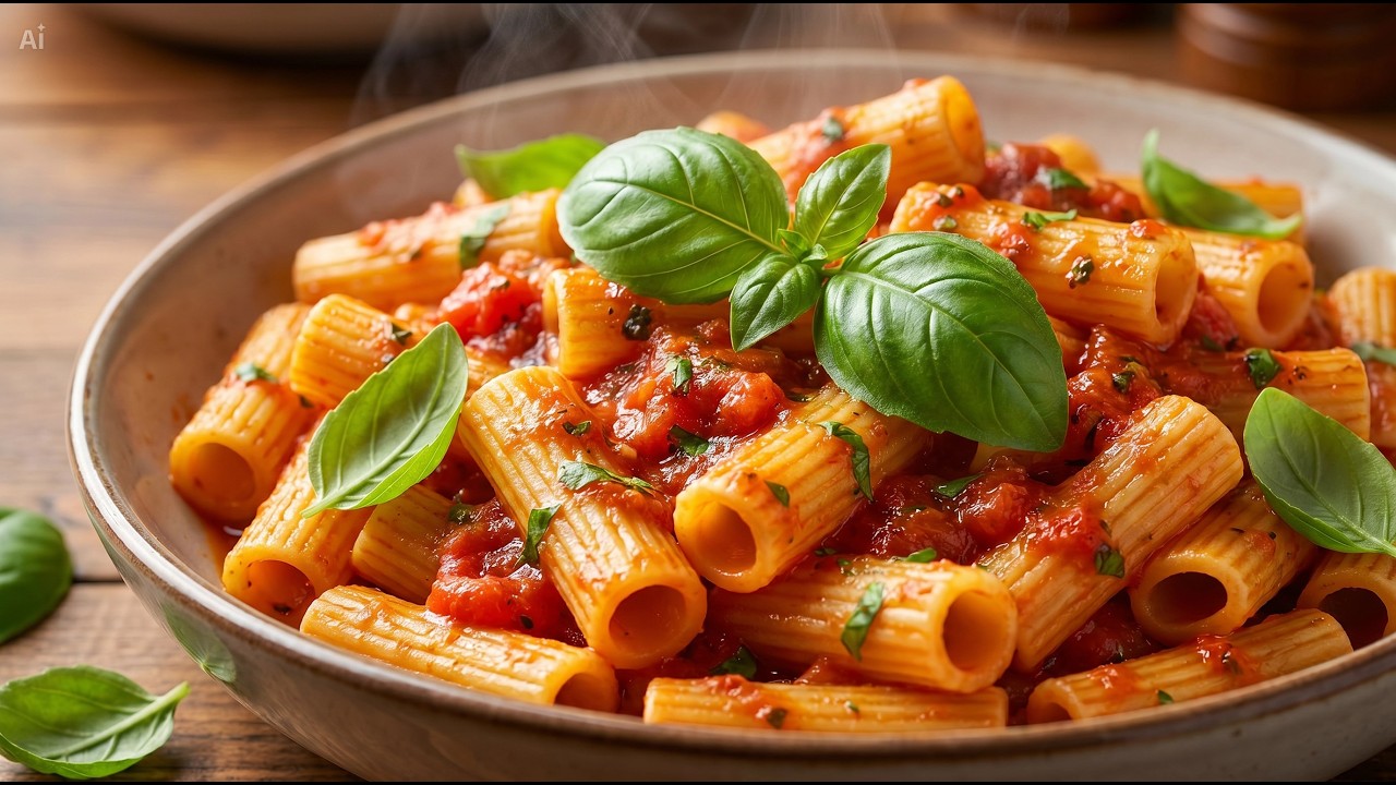 Pasta al Pomodoro e Basilico. Макароны в томатном соусе с базиликом, чесноком, сыром.