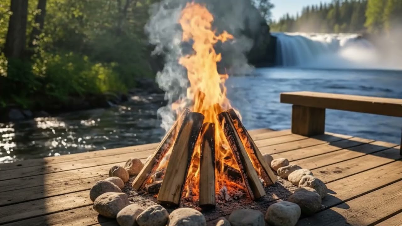 Campfire Nature Retreat | Tinkling Fire And Running Waterfall  | 10 Hours
