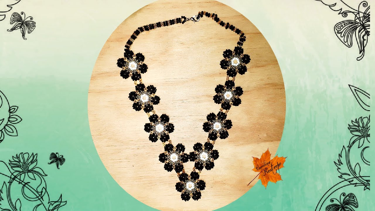 🌸Comó hacer COLLAR de FLORES NEGRAS en V con MOSTACILLAS PASO a PASO !! BISUTERÍA COLOMBIANA