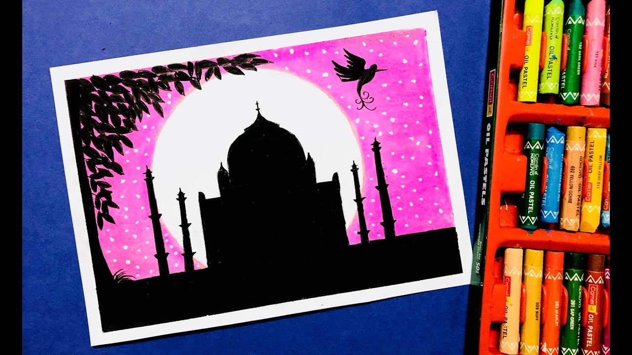 Taj Mahal Moonlight Scenery Drawing with Oil Pastels