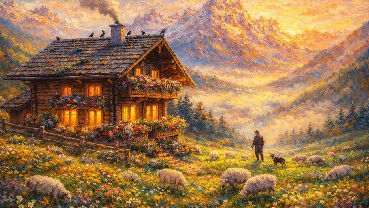 A Day in the Swiss Alps 🏔️ Cozy Mountain Village Life  Impressionist Oil Painting Ambience 4K