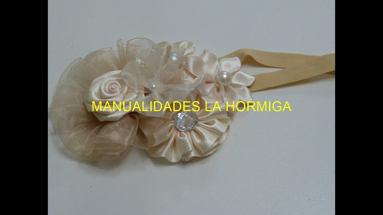 DIY Tiara de bautizo color Perla #Como hacer Flores Tutorial, Baby Headband