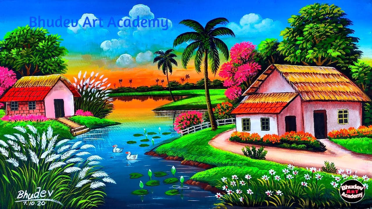 Indian Village Scenery Painting Easy Tutorial | Earth Colour Landscape Painting|Early Autumn Scenery