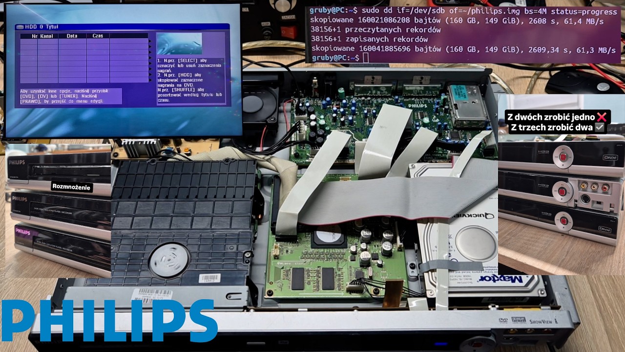 PHILIPS HDD NAGRYWARKA DVDR 3450H cz.3 naprawa do 3 razy sztuka cd klonowanie dysku HDD przez Ubuntu