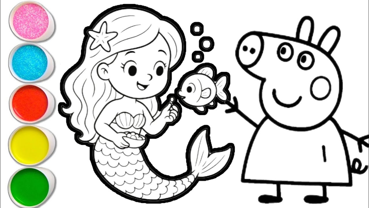 Peppa pig with mermaid drawing and coloring for kids and toddlers || easy peppa pig drawing for kid