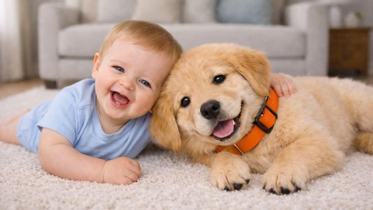 Baby and Golden Retriever Puppy Rolling Together | Cutest Bonding Moments 🐶👶| Heart Melting Video 💕🐾