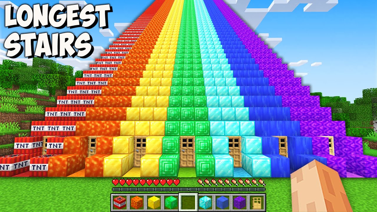 Where do THE LONGEST SECRET STAIRS lead in Minecraft? STAIRS of TNT vs LAVA vs WATER vs PORTAL!