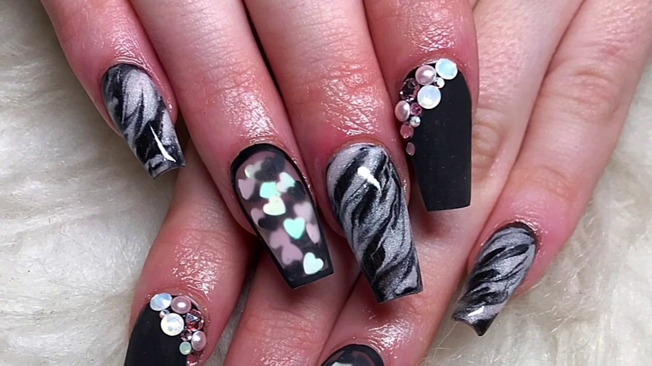 Black and pink frosted heart acrylic nails
