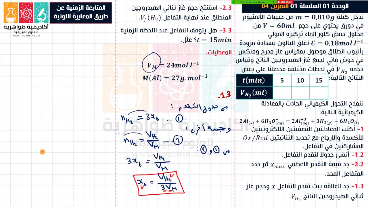87# الوحدة 01 المتابعة الزمنية تمرين 2 مفصل حول استعمالات جدول تقدم التفاعل (استخراج العلاقات)