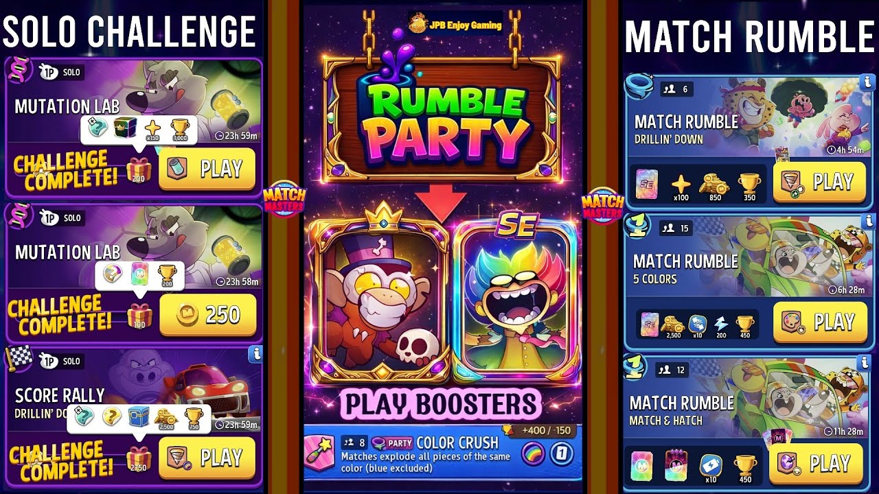 (Party+3 Solo+3 Rumble) Mutation Lab/ Drillin'Down+Rainbow 🌈/ 5 Colors/ Match & Hatch 🐣
