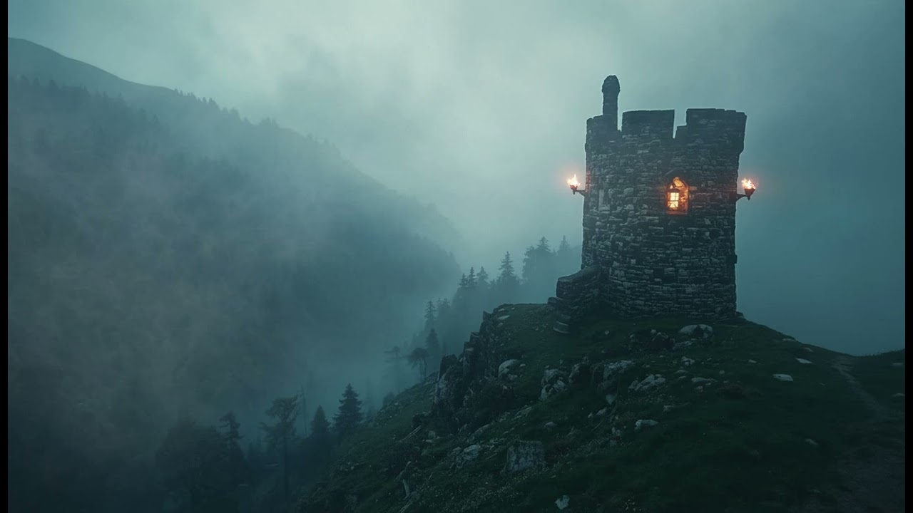 Scottish Highland Watchtower in the Fog, Torchlit Mountain Ambience | Celtic Atmosphere for Relaxing