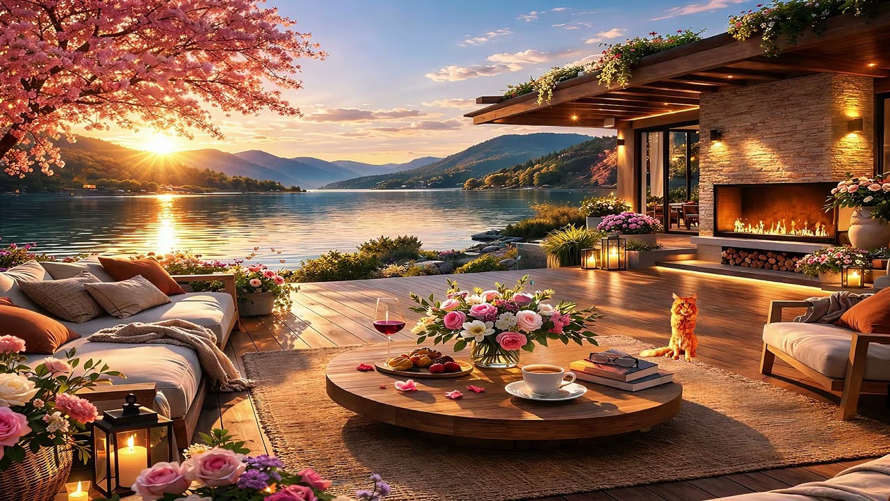 Relax in a PEACEFUL Lakeside Café with Soothing Spring Sunset Jazz