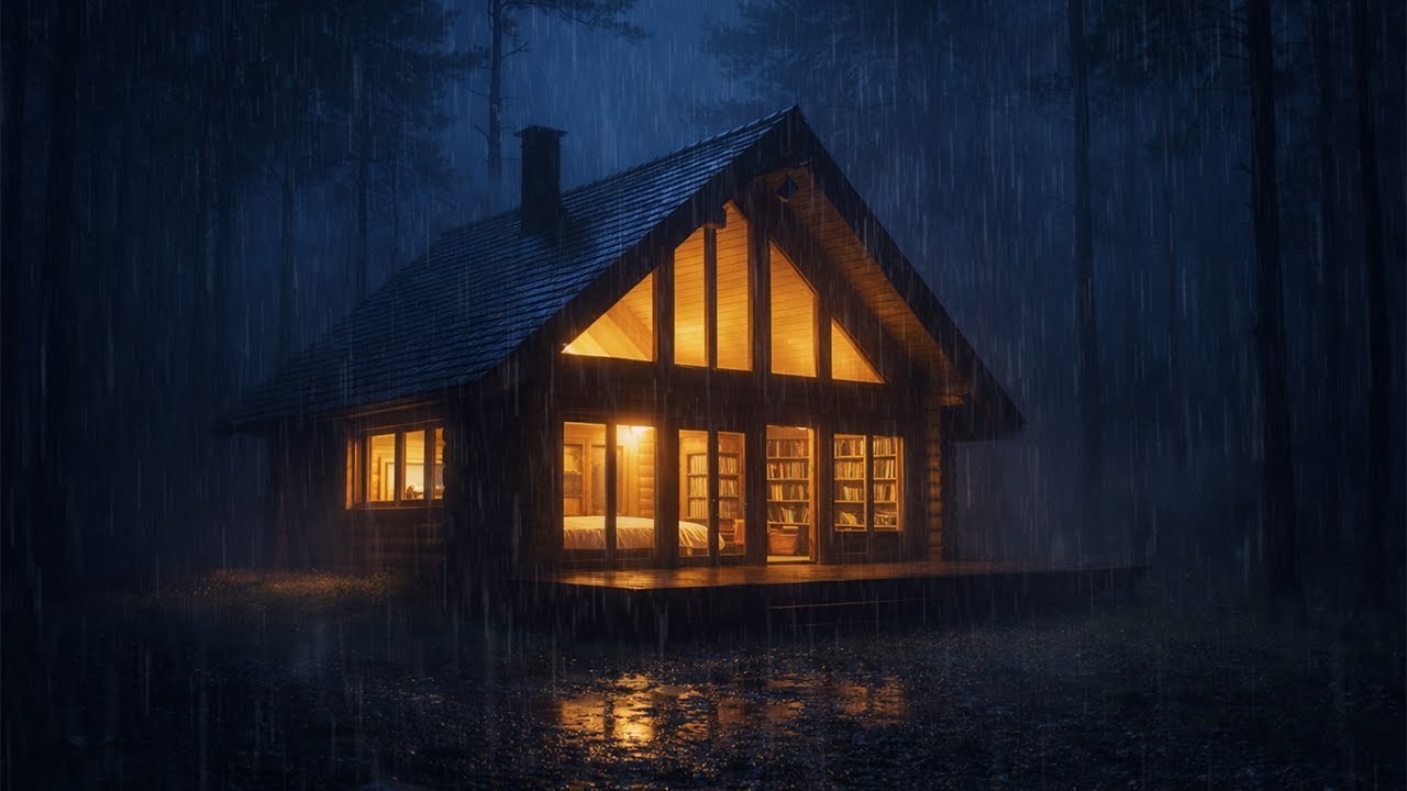 Heavy Rain Sounds at Night | Cozy Forest Cabin Ambience for Deep Sleep