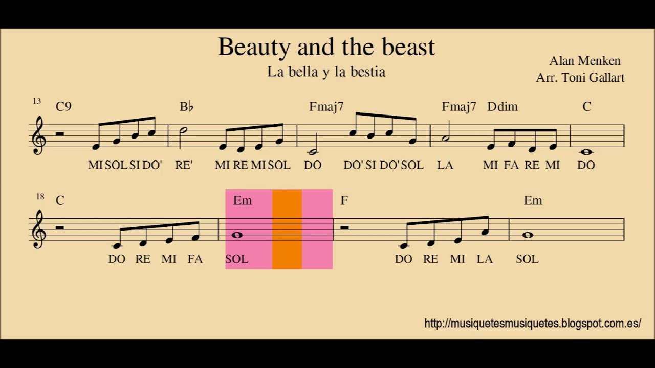 Beauty and the beast. La bella y la bestia.  Partitura flauta + audio. NO melodía. C instrument.