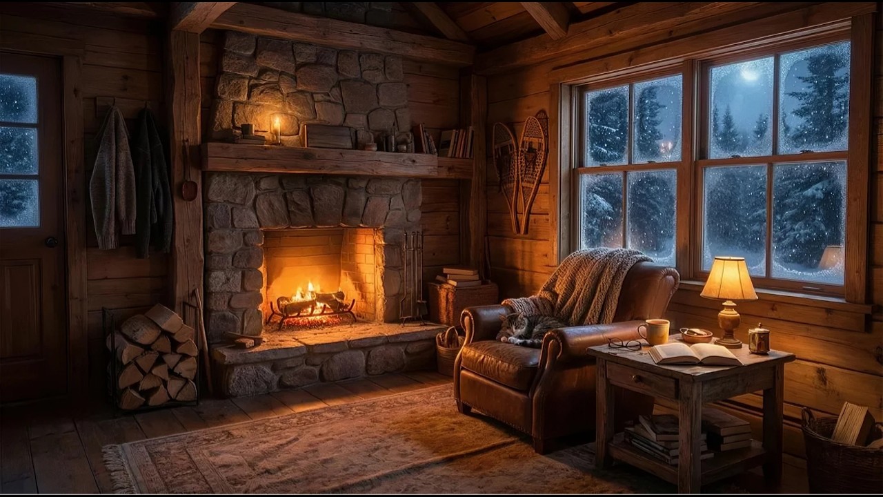 Cozy Cabin Reading Chair by Fireplace ❄️ Snowy Night | Relaxing Piano Ambience