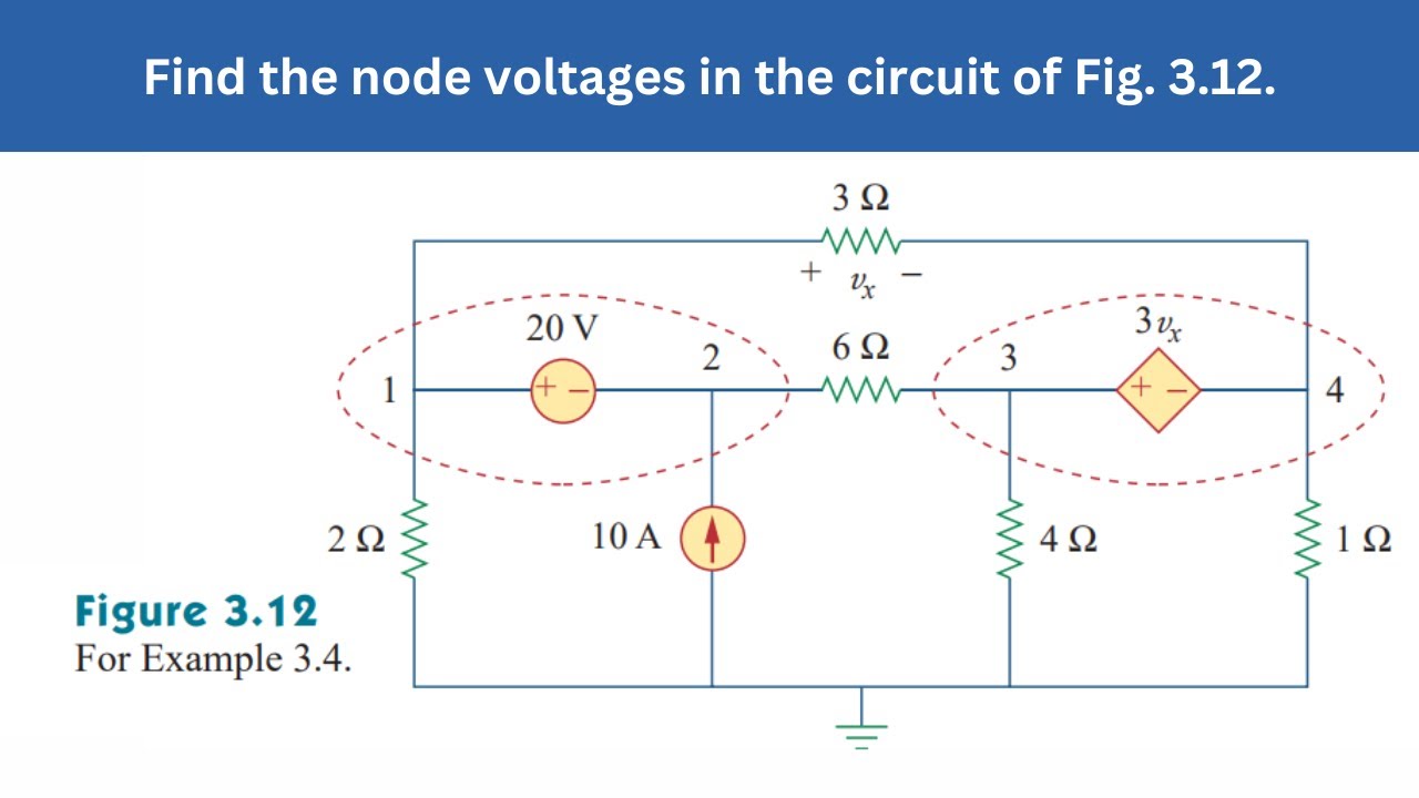 Example 3.4 | Find the node voltages in the circuit of Fig. 3.12 | FEC 4th Edition