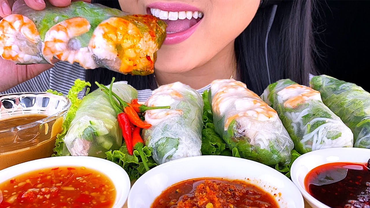 ASMR SPRING ROLLS SUMMER ROLLS SPICY FIRE SAUCES *NO TALKING (CRUNCHY EATING SOUNDS) | ASMR Phan