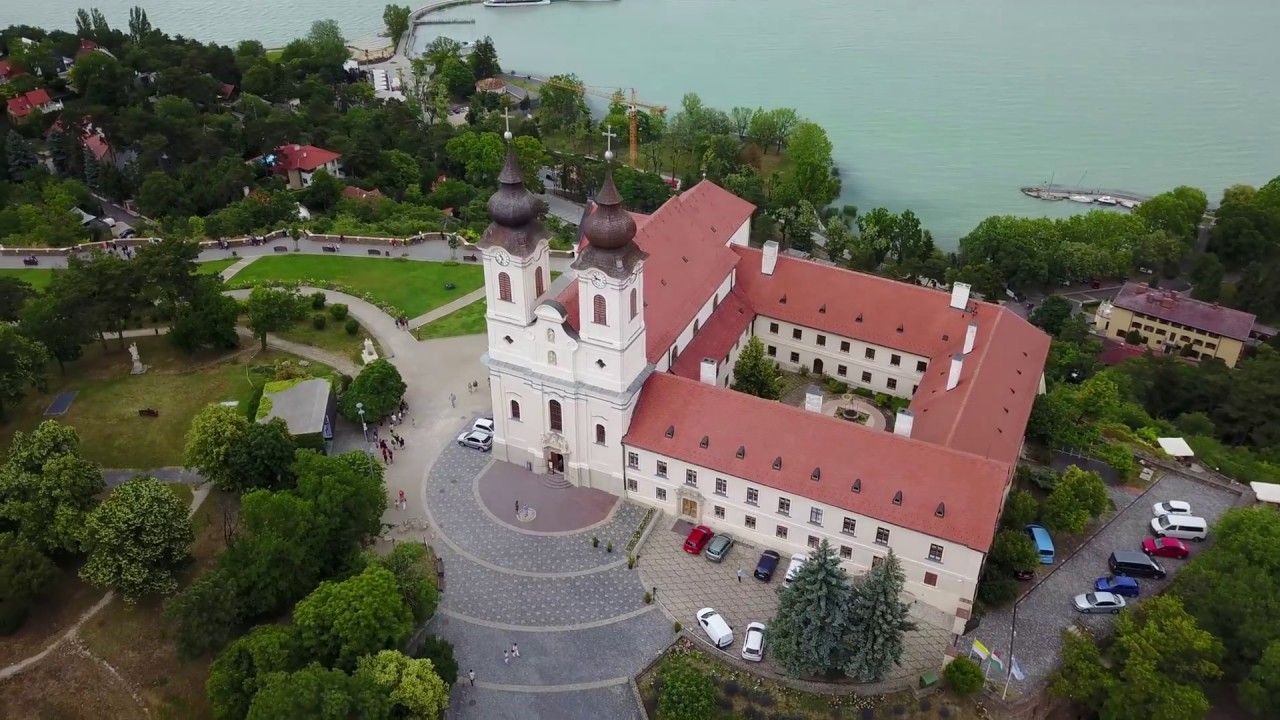 Bird's-eye View of the Tihany Abbey - Tihanyi Benc&eacute;s Ap&aacute;ts&aacute;g near Lake Balaton 4K/UHD