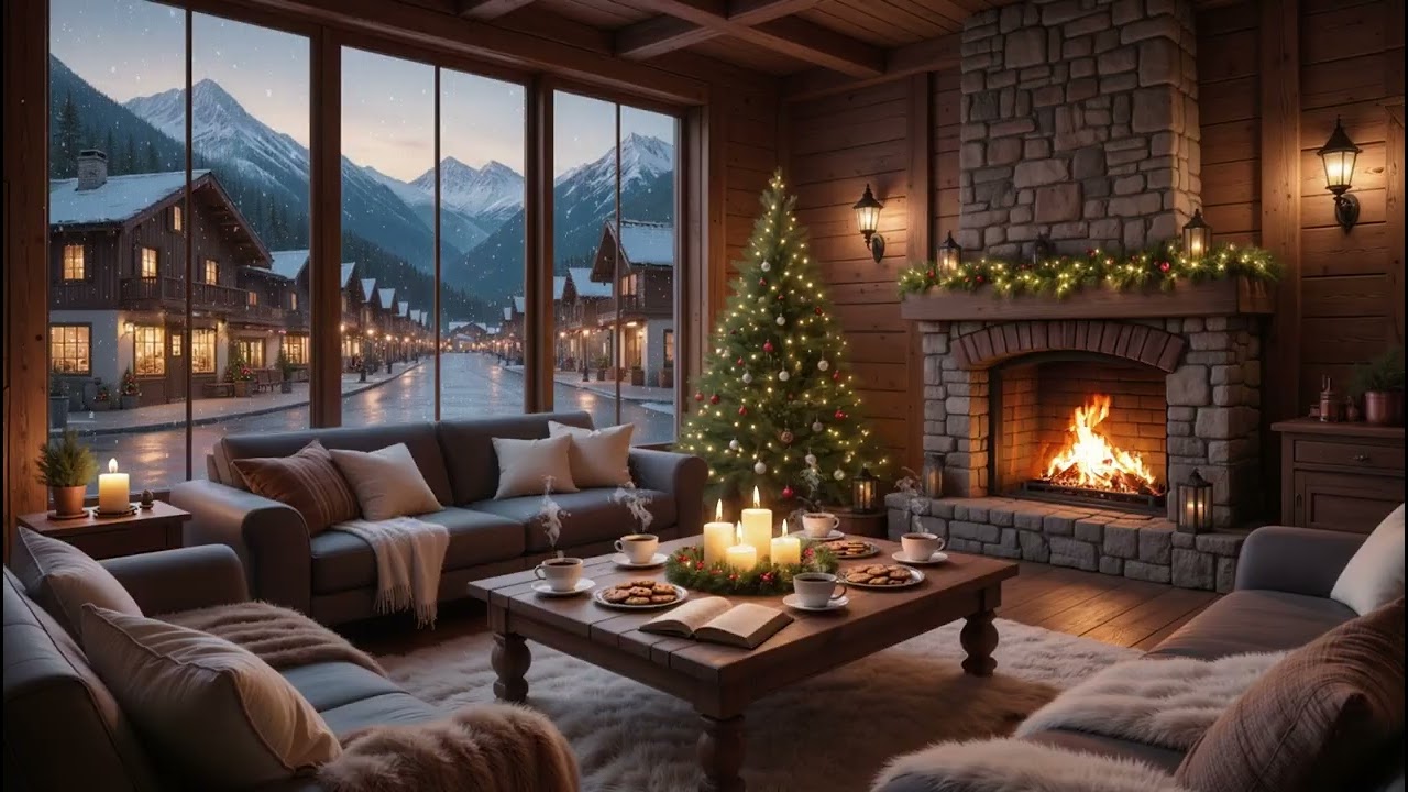 Cozy Christmas Coffee Shop Ambience 🎄 Fireplace Sounds & Cozy Christmas Coffee Shop