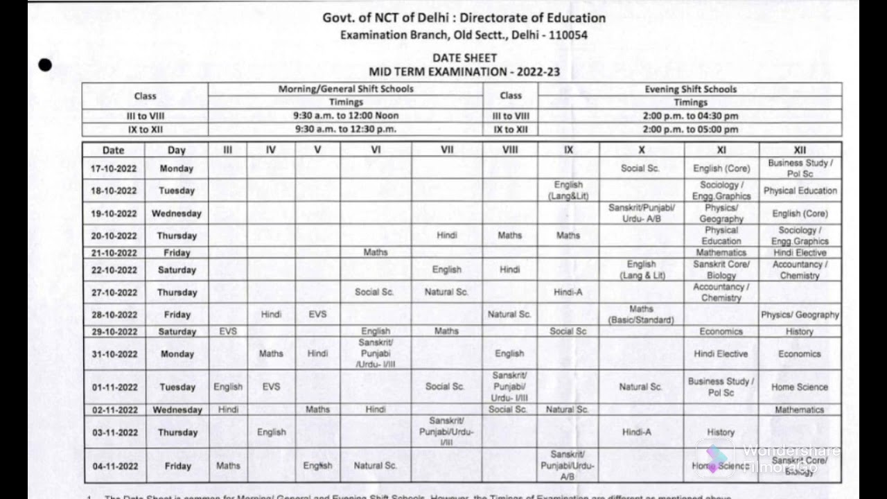 Date sheet (mid term examination-2022-23)|Date sheet by Govt.of NCT of Delhi#midterms#datesheet