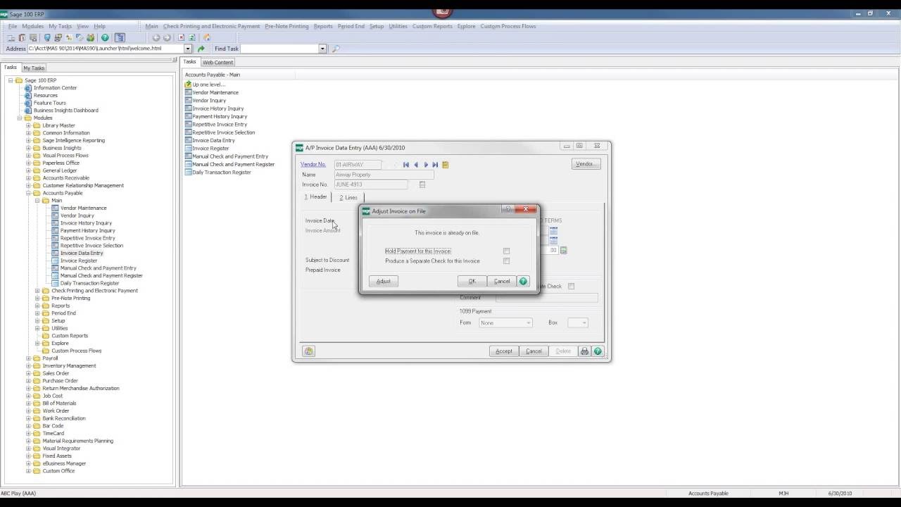 Sage 100 ERP Accounts Payable Invoice Adjustment