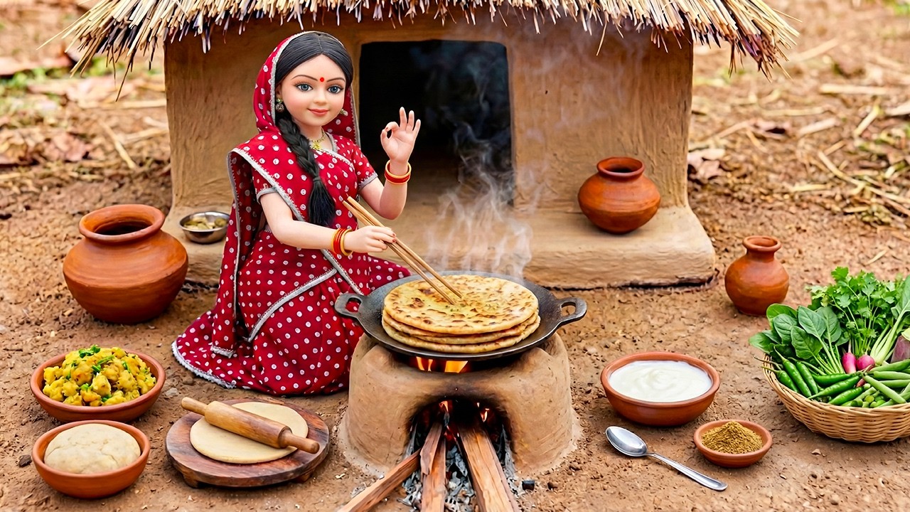 🥔🥣 Miniature Doll Aloo Paratha & Dahi Cooking ASMR | Indian Village Tiny Kitchen Story