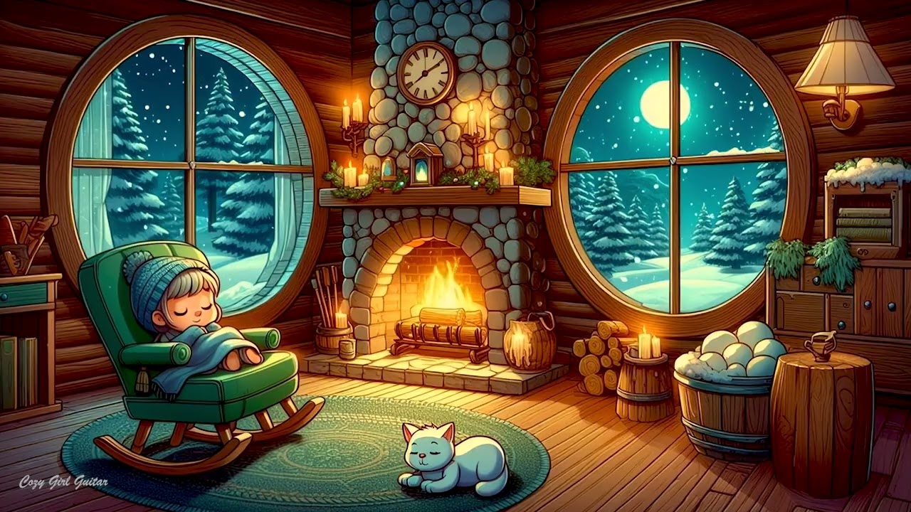 Relaxing Guitar From Another Room #8 🌙 | Vintage Cozy Cabin • Fireplace & Snowfall