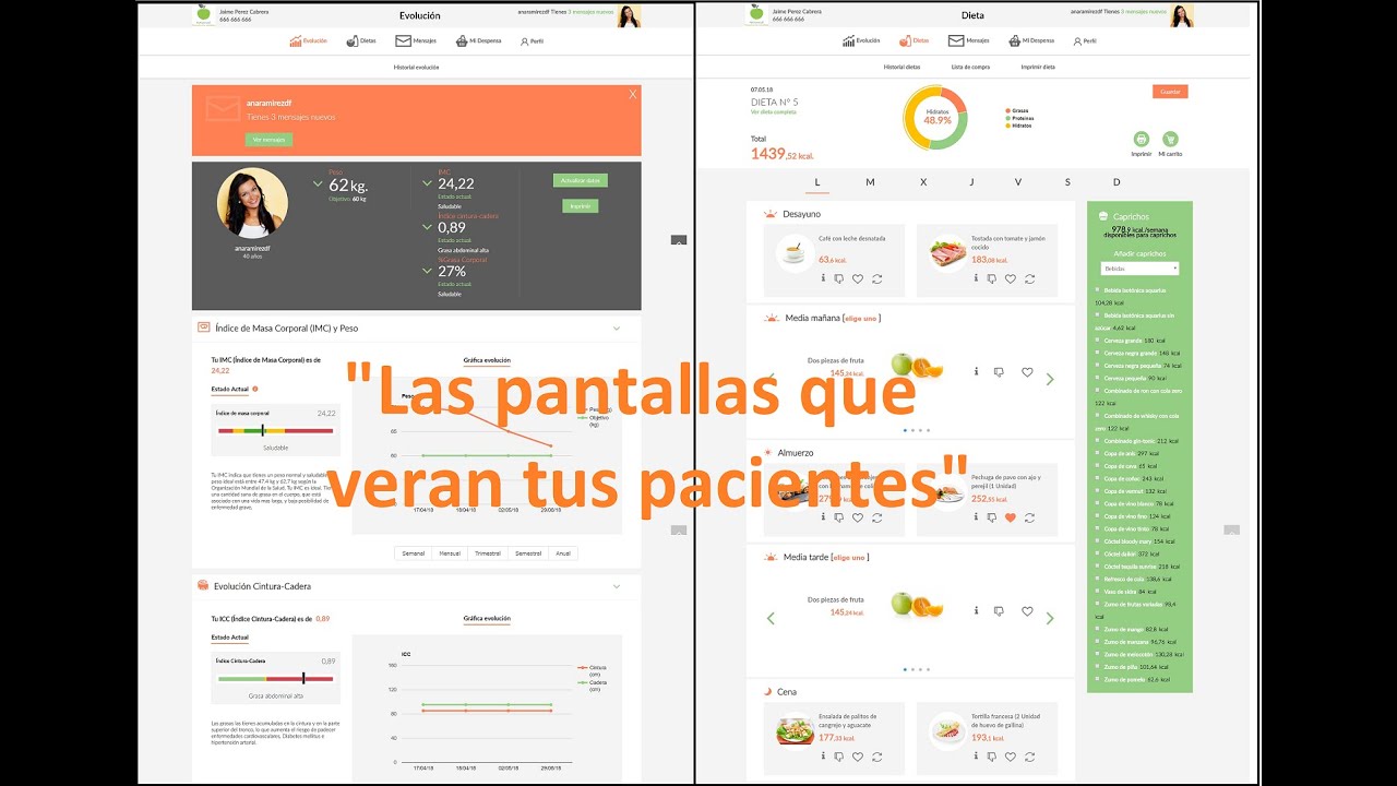 Pantallas de la plataforma de tu paciente (Software Dietfarma)