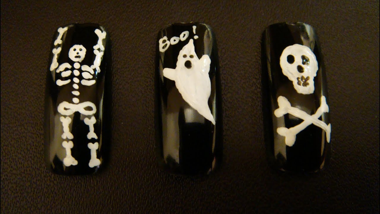 3 Easy Halloween Nail Art Designs: Ghost, Scull and Skeleton