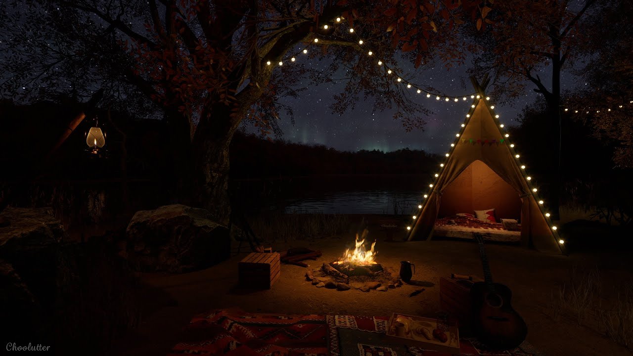Camping Ambience By The Lake On An Autumn Night With Aurora | Crackling Fire, Crickets, Water Sounds