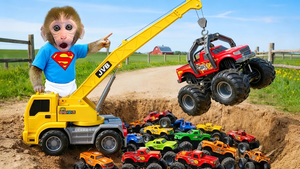 Monyet Bon Bon Imut bermain monster truck warna warni dan berenang di kolam penuh permen