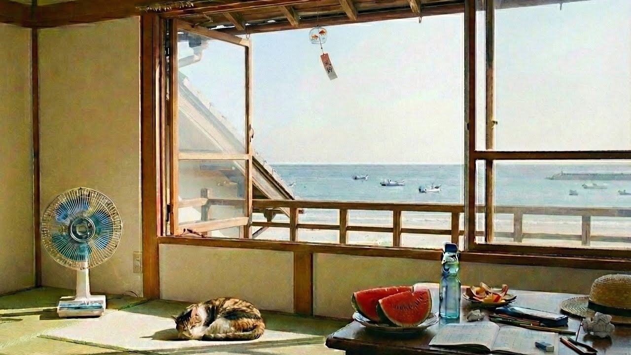 Nostalgic Japanese Summer: Ocean View, Relaxing Fan & Sleeping Cat ASMR (1 Hour)