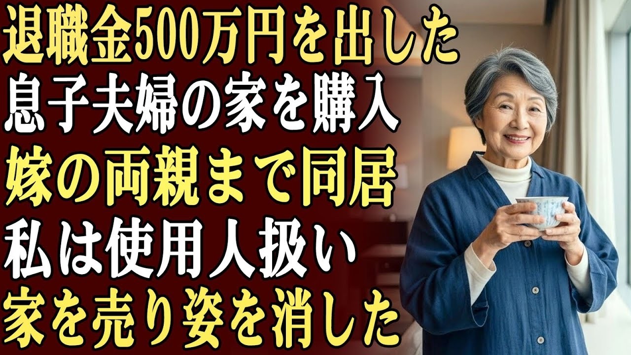 私は退職金500万円で息子夫婦の家購入を助けた。しかし嫁の両親も同居し、私は使用人のように扱われ、残り物しか与えられなかった。私は家を売り、静かに姿を消し、関係を断った。