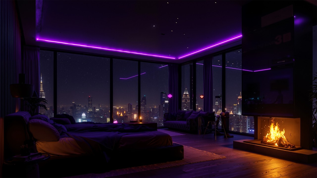 Rainy Midnight City Glow from a Cozy Purple Bedroom 🌙🌧️ | Gentle Lofi for Deep Sleep All Night