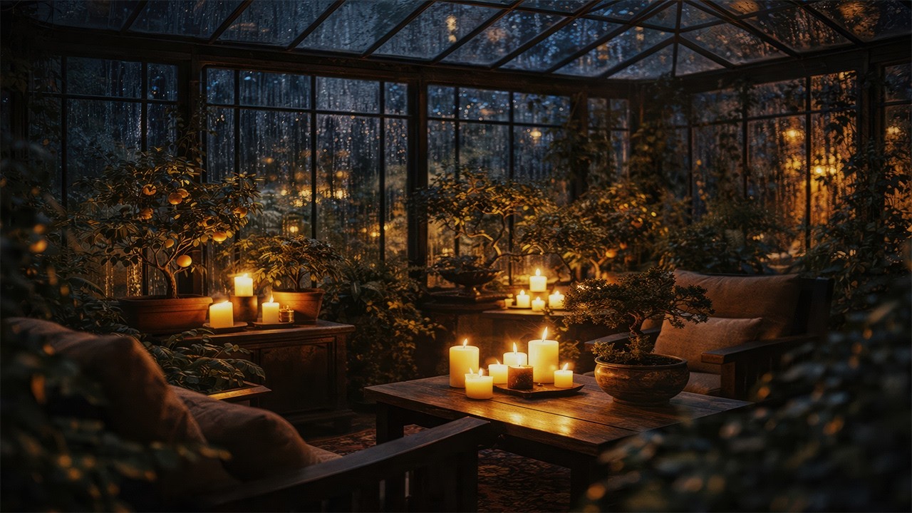 Cozy Greenhouse Rain & Jazz Piano - 10 Hours of Relaxing Midnight Ambience (4K)
