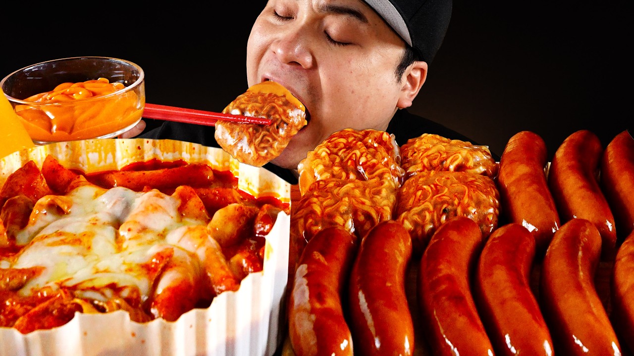 매콤한 엽기떡볶이와 소세지, 불닭쌈 먹방~!! Spicy Yeopgi Tteokbokki, sausage, and Buldak Ssam