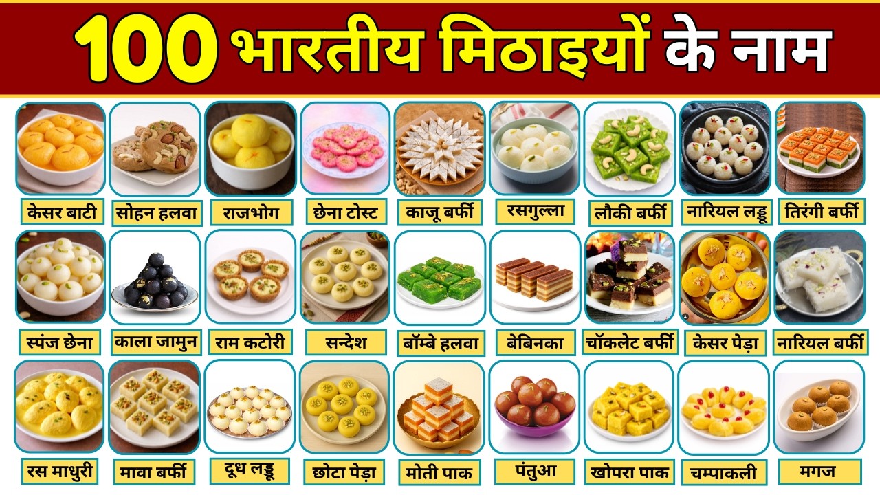 100 मिठाइयों के नाम | भारत में प्रसिद्ध मिठाई का नाम फोटो सहित देखिए | 100 Famous Indian Sweets Name