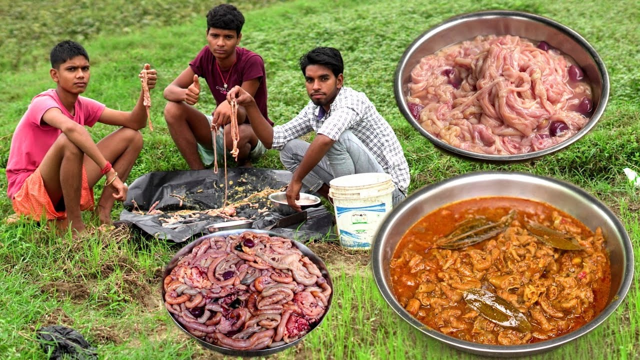 How To clean chicken Intestine | Chicken boti masala cooking & eating in village | chicken pachauni